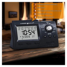Charger l'image dans la galerie, Une horloge de bureau Azan qui indique la direction de la Qibla, la température, et les appels à la prière.