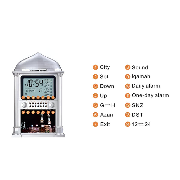 Une horloge de prière Azan avec choix de l'athan, température, et direction de la Qibla.